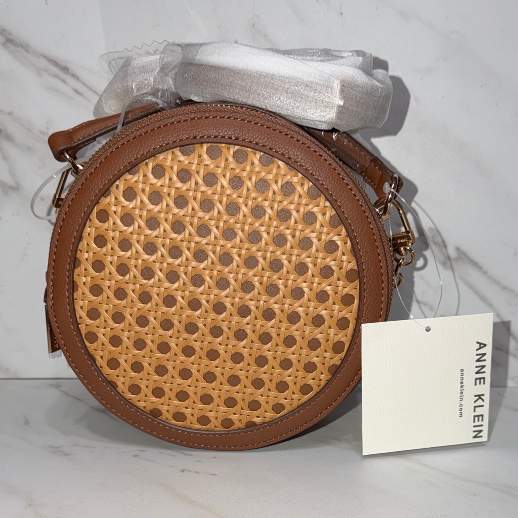 New Anne Klein Caining Circle Woven Brown And Tan Crossbody Bag